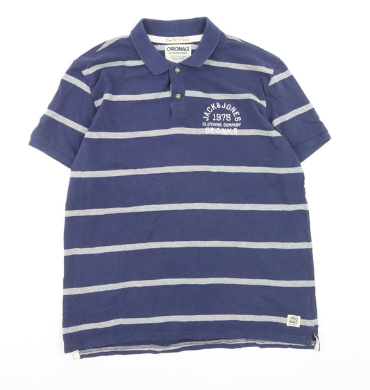 Jack & Jones Men's Blue Striped 2XL Polo Shirt Regular Fit