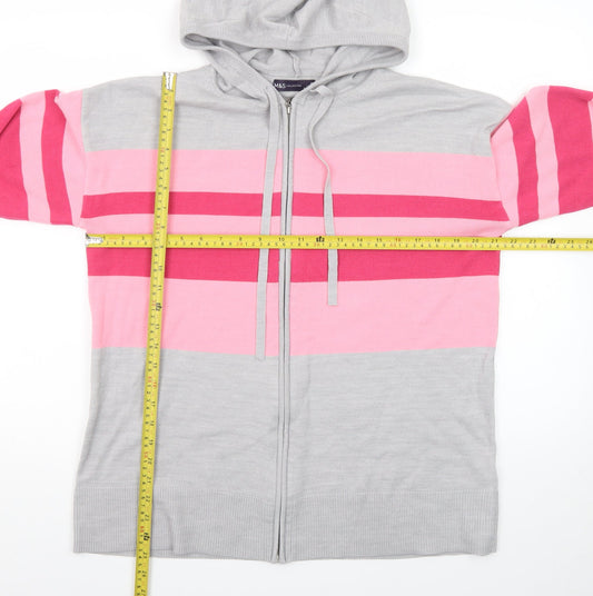 Marks and Spencer Womens Grey Pink Stripe Full Zip Hoodie Medium