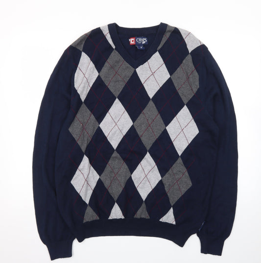 Chaps Men's Blue Argyle V-Neck Cotton Jumper Size M