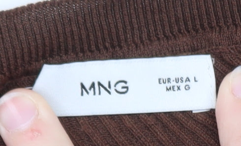 MNG Women Brown Striped Crew Neck Long Sleeve Pullover Jumper Size L