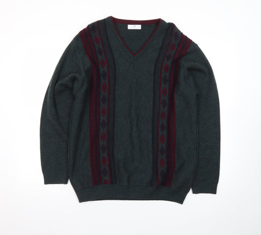 Essentials Men's Green Argyle V-Neck Pullover Jumper Size S