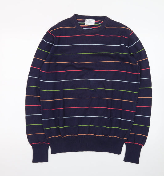 Hackett Men's Blue Striped Cotton Crew Neck Jumper Medium