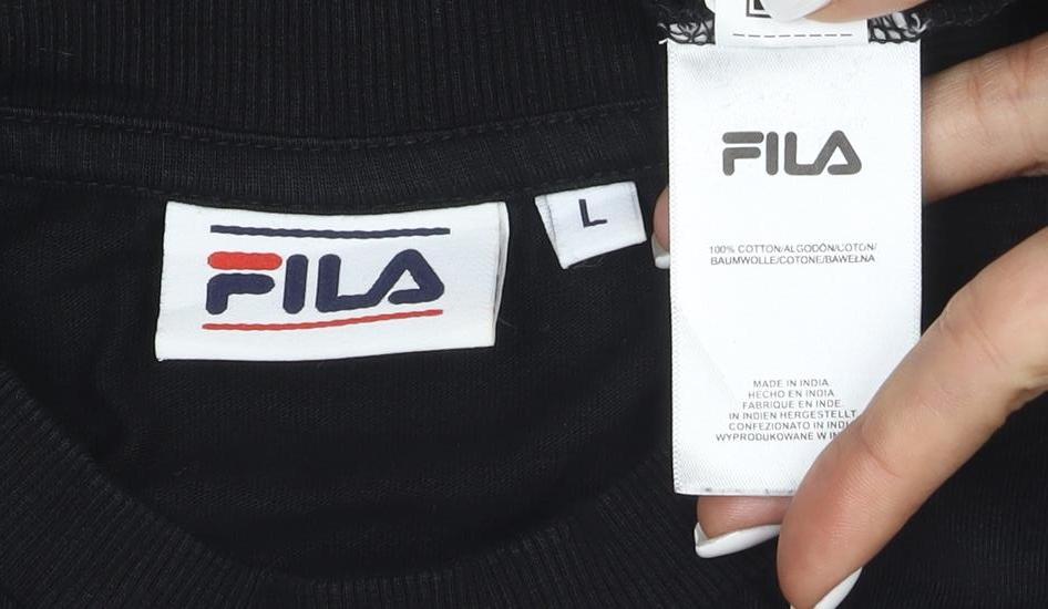 Brand and care label for Fila Men's Black Cotton Short Sleeve Crew Neck Sports T-Shirt L