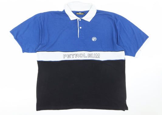 Petroleum Mens Blue Colourblock Polo Shirt XL Cotton Blend