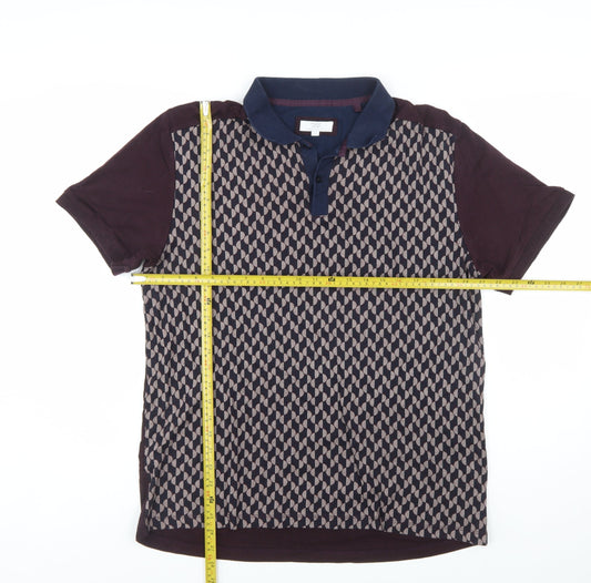 NEXT Men's Navy Burgundy Geometric Polo Shirt L Regular Fit 100% Cotton