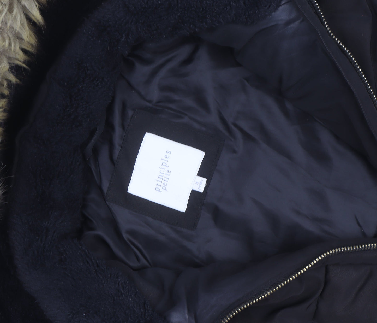 Principles Petite Black Faux Fur Trim Belted Puffer Coat Women’s Size 8