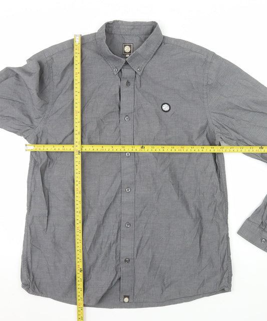 Pretty Green Men's Grey Long Sleeve Button-Down Cotton Shirt L