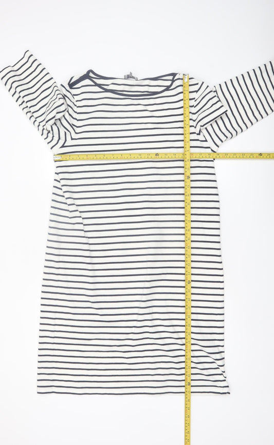 Jaeger Women’s White Navy Striped Shift Dress L 3/4 Sleeve Cotton