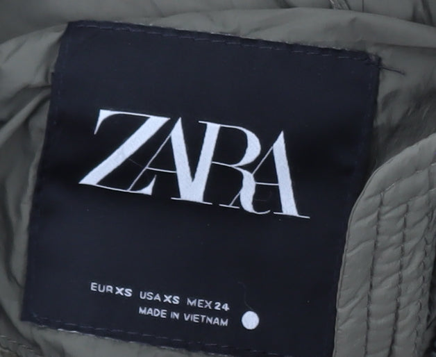 Zara Women’s Green Long Puffer Coat XS Quilted Winter Jacket