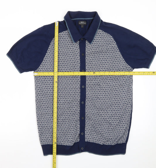 Next Men’s Blue Geometric Cotton Knit Polo Shirt Size L