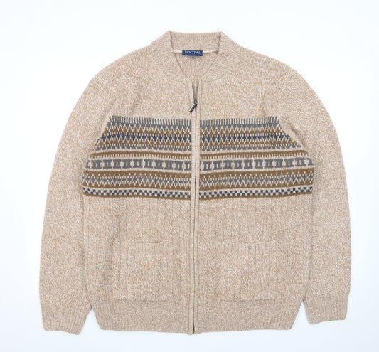 Tootal Men's Beige Fair Isle Wool Full Zip Cardigan Jumper L