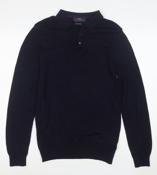 Next Men's Blue Merino Wool Collared Henley Jumper Medium