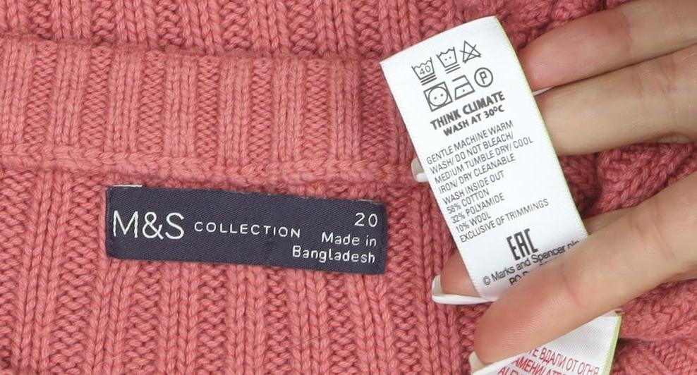 Marks and Spencer Women's Pink Crew Neck Short Sleeve Cotton Wool Jumper Size 20