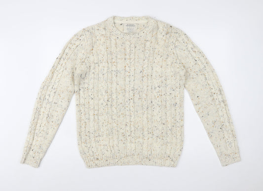 Burton Menswear Beige Cable-Knit Crew Neck Jumper Small Men's