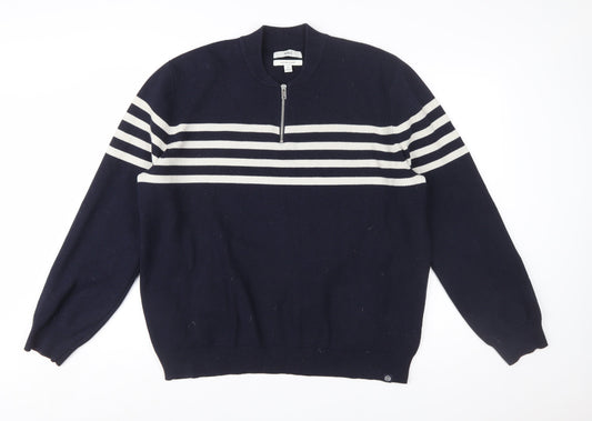 Marks and Spencer Men's Blue XL Striped 1/2 Zip Cotton Blend Jumper