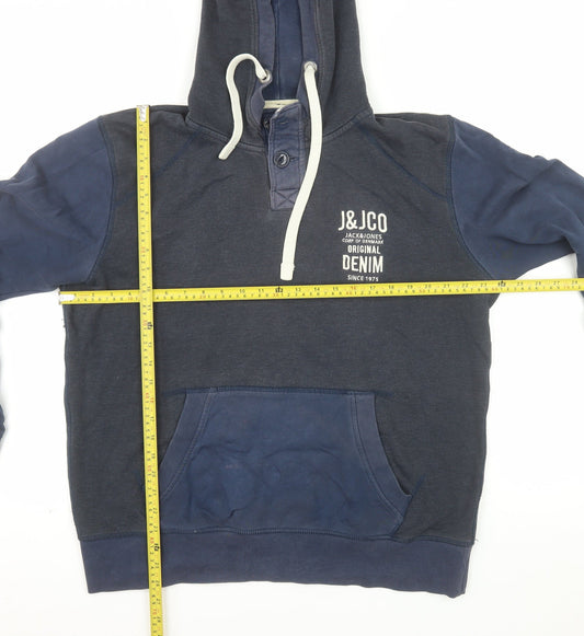 Jack & Jones Men's Blue Henley Hoodie Medium Fleece Pullover