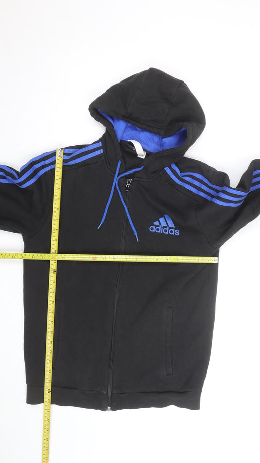 Adidas Men's Black Full Zip Hoodie with Blue Stripes Size M