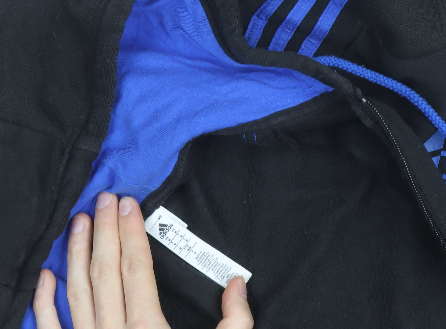 Adidas Men's Black Full Zip Hoodie with Blue Stripes Size M