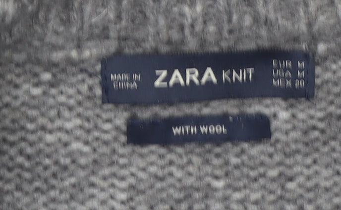 Zara Women Grey Knit Pullover Jumper M Long Sleeve Lace-Up Bow Wool Blend