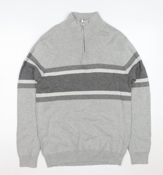 Peacocks Men's Grey Striped Half Zip High Neck Cotton Jumper Size M