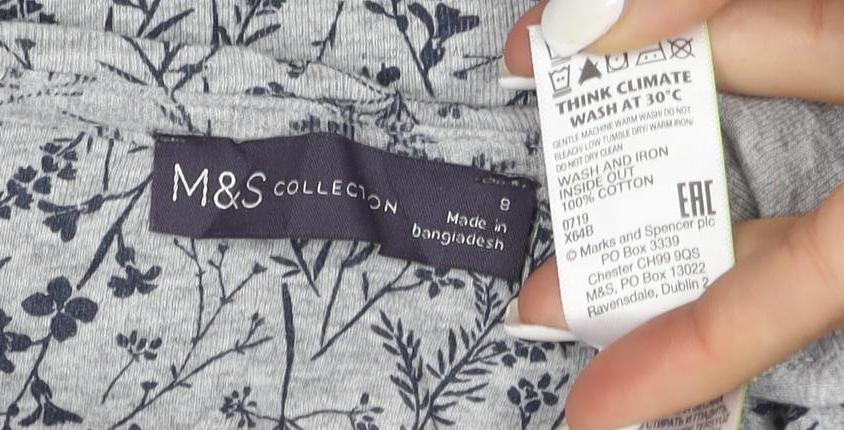 Marks and Spencer Women’s Grey Floral Long Sleeve Cotton T-Shirt Size 8