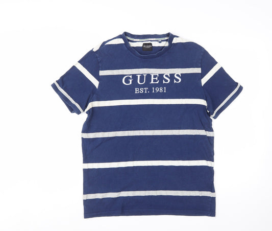 Guess Men's Blue White Striped Cotton Logo T-Shirt Size S Regular Fit