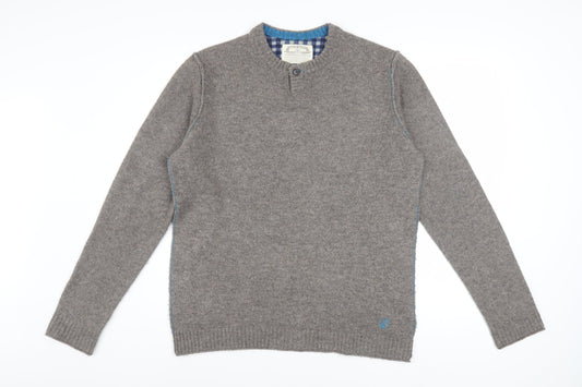 White Stuff Mens Grey Lambswool Henley Jumper Medium Classic Fit