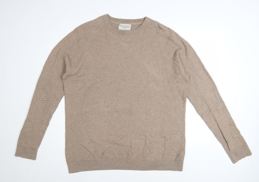 Racing Green Men's Beige Cotton Waffle Knit Jumper XL Crew Neck