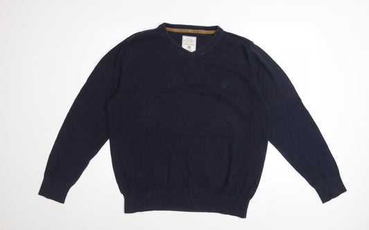Fat Face Men Blue Cotton Cashmere V-Neck Jumper Size L Classic Fit