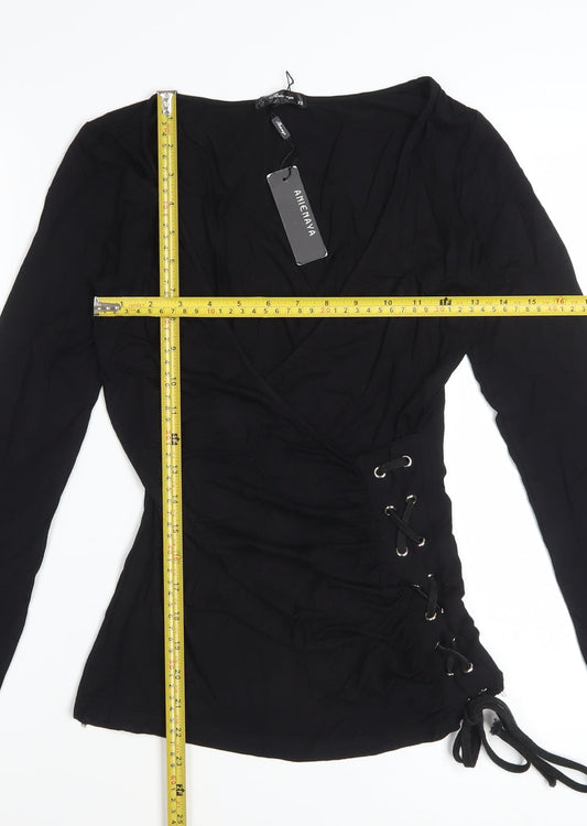 Anienaya Womens Black Wrap Long Sleeve Slim Fit Blouse XS