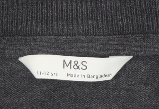 Marks and Spencer Boys Charcoal V-Neck Cotton Jumper 11-12 Years