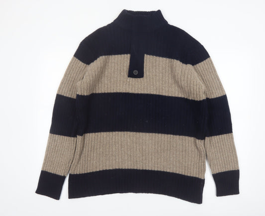 Wolsey Men’s Beige & Navy Lambswool Striped Mock Neck Jumper Size L