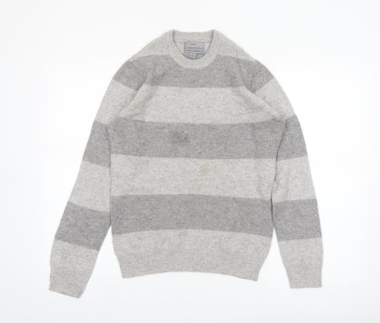 Marks and Spencer Men's Grey Striped Lambswool Crew Neck Jumper XS