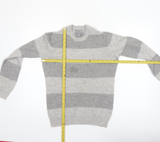 Marks and Spencer Men's Grey Striped Lambswool Crew Neck Jumper XS
