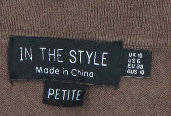 Brand and care label for In The Style Women’s Brown Knit Petite Jumpsuit, size UK 10, Long Sleeve