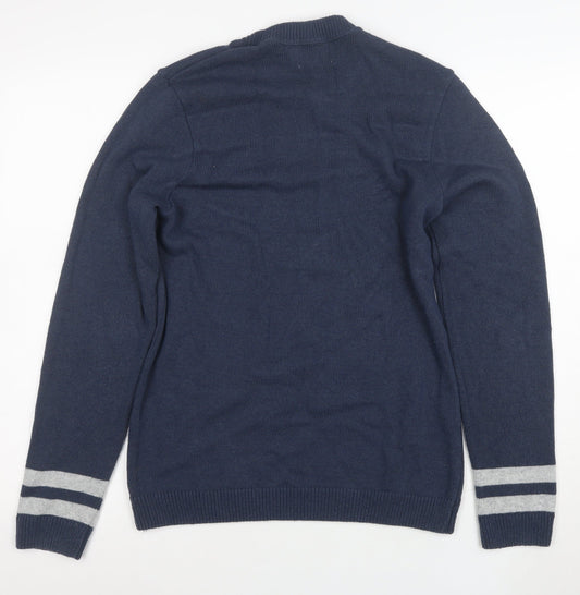 Topman Men Blue Size L Crew Neck Graphic 8 Pullover Jumper