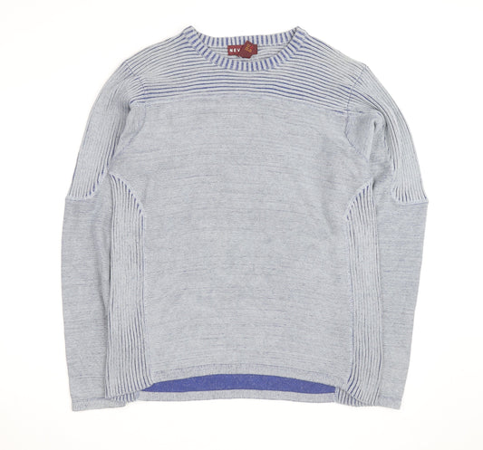 Nevada Men's Grey Cotton Crew Neck Striped Jumper M