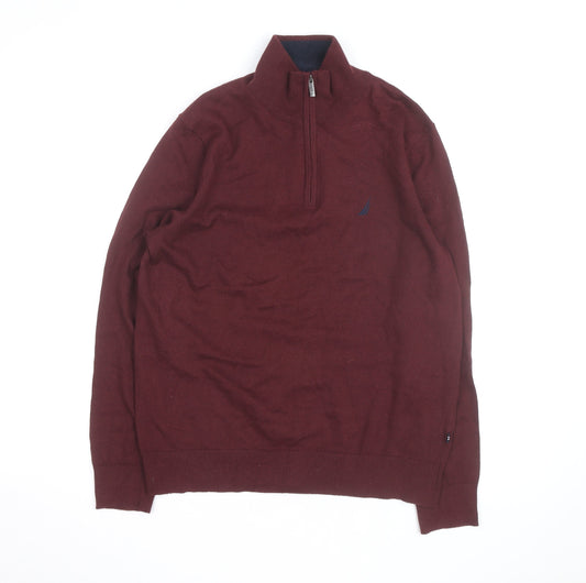 Nautica Men's Red 1/4 Zip Cotton Jumper L High Neck Knitwear