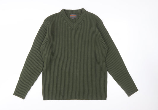 No Excess Men's Green V-Neck Chunky Knit Cotton Jumper Size S