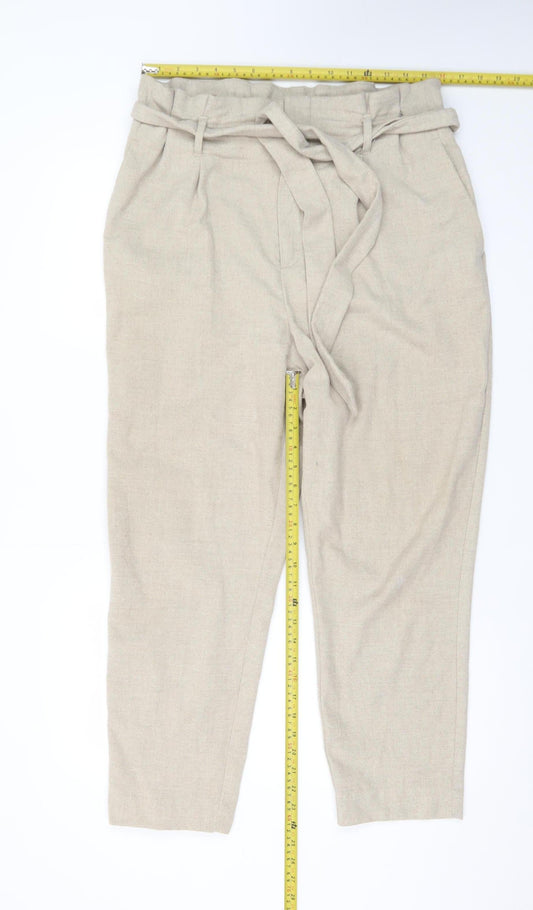 H&M Women’s Beige Paperbag Trousers Size 14 Belted Tapered Pants