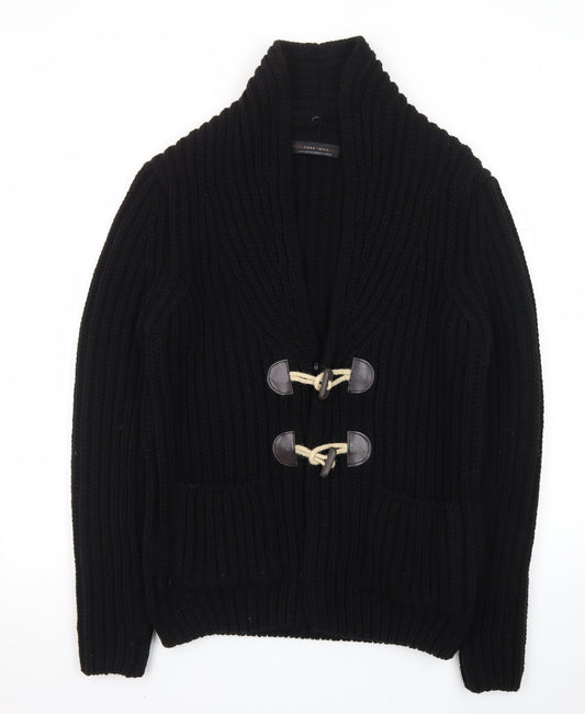 Zara Man Black Wool Blend Chunky Knit Toggle Cardigan M
