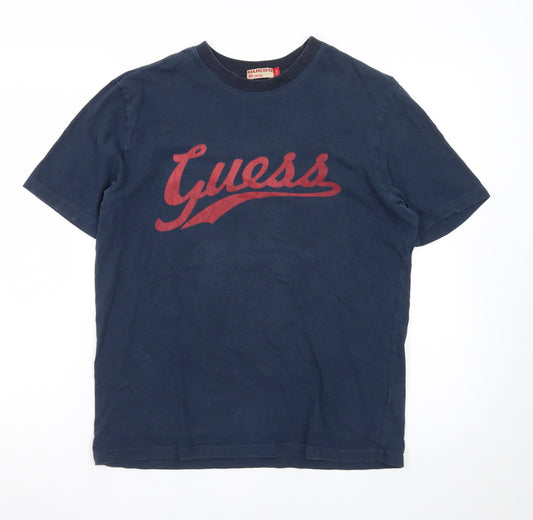 Guess Men’s Blue Logo Crew Neck Cotton T-Shirt Size L Vintage