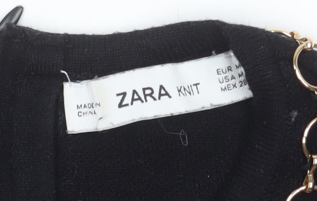 Zara Women Black Short Sleeve Knit Blouse Size 12 with Chain Detail