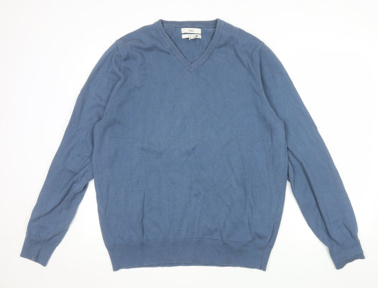 Marks and Spencer Men's Blue XL V-Neck Cotton Pullover Jumper