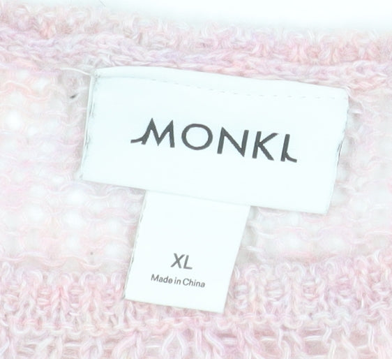 Monki Women Pink Open Knit Crew Neck Relaxed Pullover Jumper XL