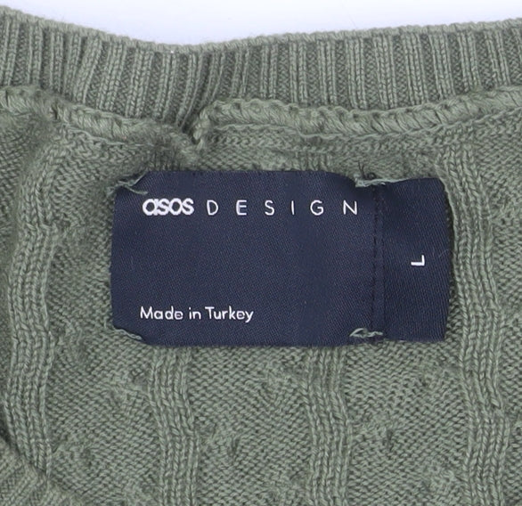 ASOS DESIGN Men's Green Cable-Knit Crew Neck Jumper Size L