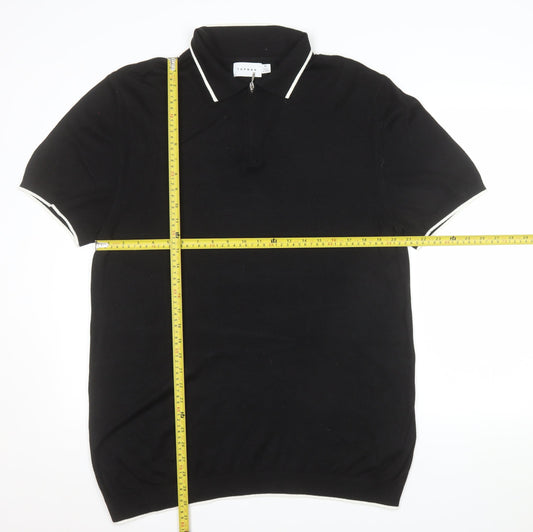 Topman Mens Black XL Knit Zip Collar Polo Shirt Short Sleeve