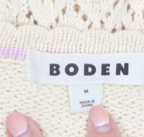 Boden Women Beige Cotton V-Neck Cardigan M Long Sleeve Knit