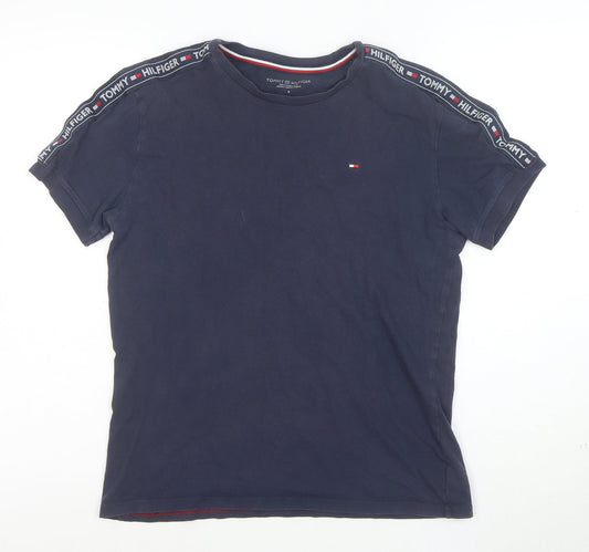 Tommy Hilfiger Men Navy Blue Short Sleeve Logo Tape Cotton T-Shirt S
