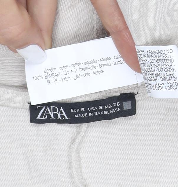 Zara Women Beige Long Cotton Shift Dress Size S Short Sleeve V-Neck